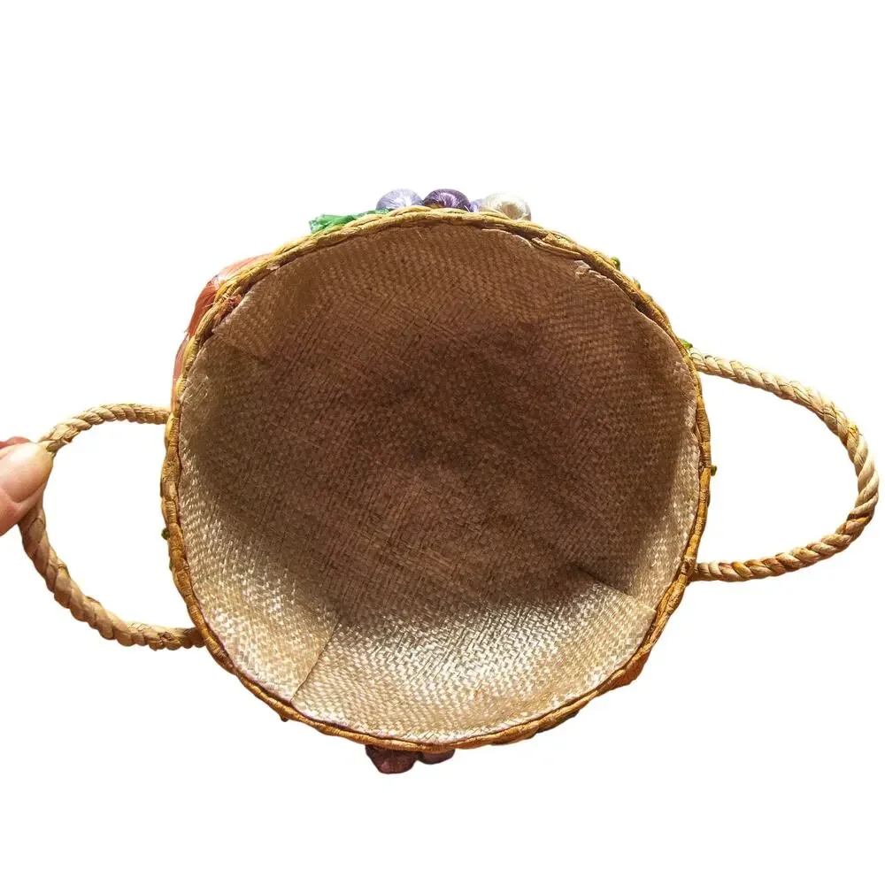 Boho Vintage 1970s Handwoven Raffia Basket 3D Fruit Appliqué Handles